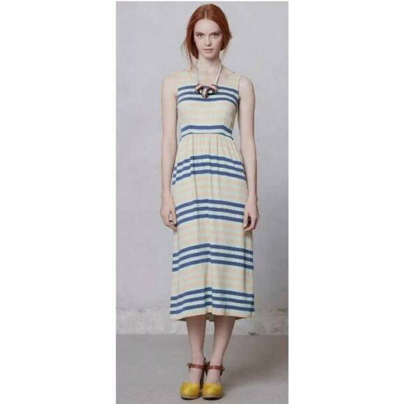 Anthropologie Dusen Dusen Spring Stripe Midi Dress Green Blue Peach Size 8 USA - Picture 1 of 9